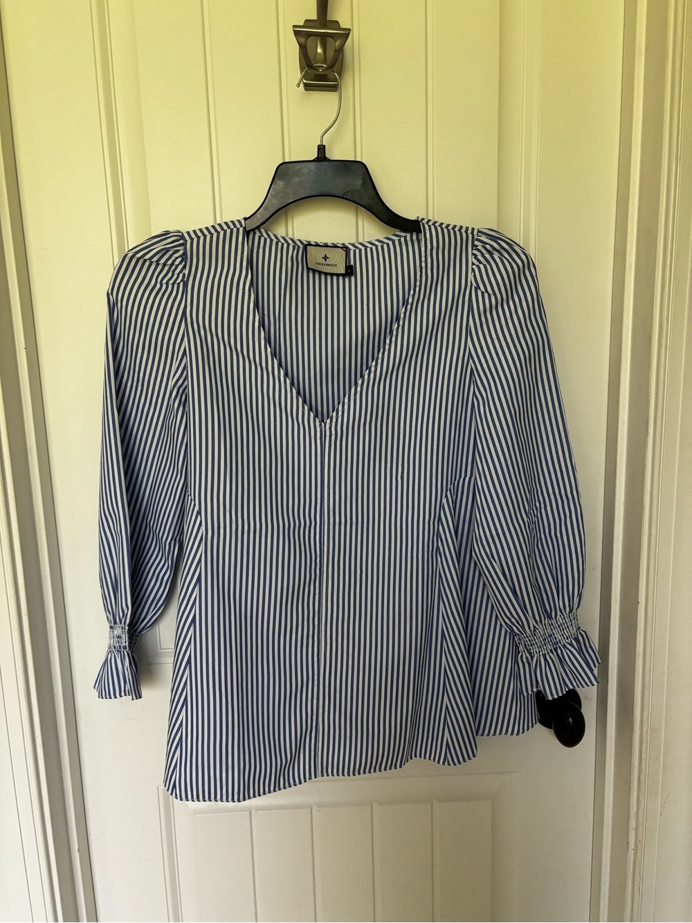 Tuckernuck Blue & White Striped V-Neck Puff Sleeve Blouse